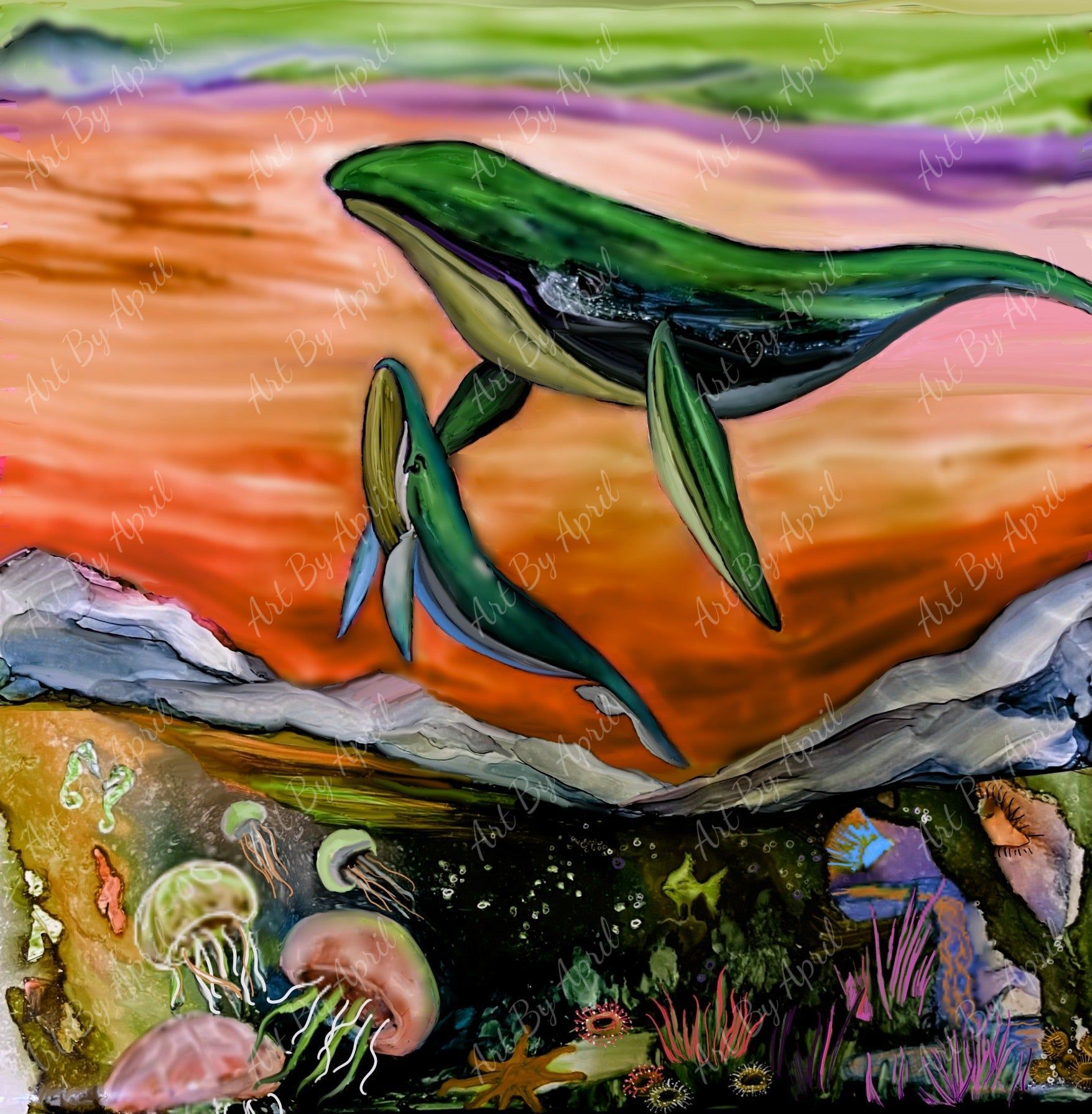 Whale & Baby On Orange
