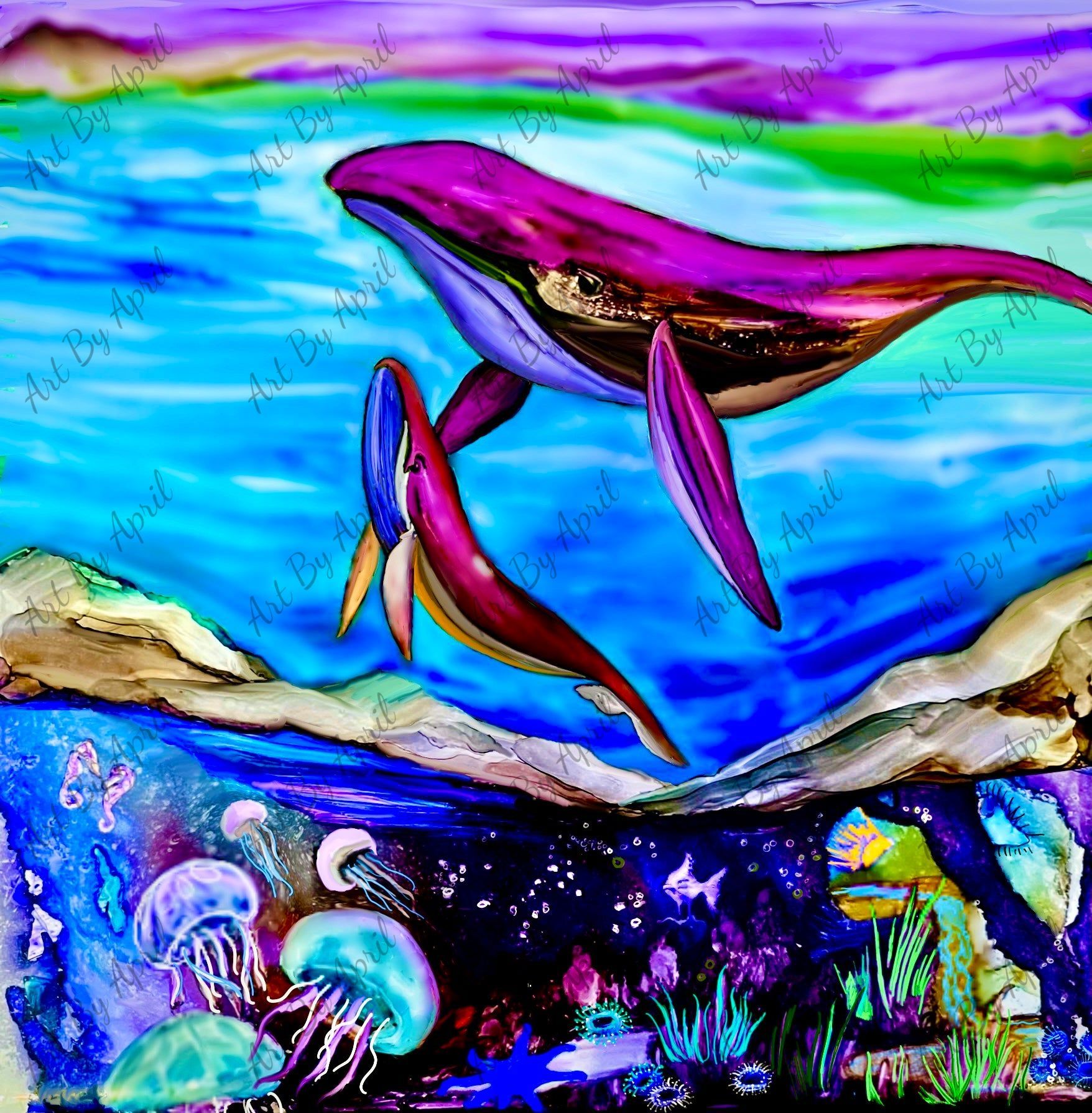 Whale & Baby On Blue